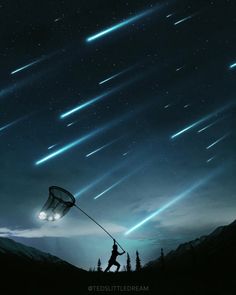 a man holding a satellite dish in the night sky with stars and shooting comets