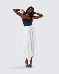 You’ll always be top tier in this white tiered maxi skirt 👑 Made from viscose challis fabric and featuring an elastic waistband and A-line design - this piece is the perfect closet staple to pair with everything 🤍 Relaxed Tiered Maxi Skirt For Vacation, Tiered Maxi Skirt For Vacation With Relaxed Fit, Tiered Beach Maxi Skirt, White Tiered Skirt Maxi Dress For Vacation, Chic Rayon Tiered Maxi Skirt, Tiered Rayon Skirt, Tiered Rayon Maxi Skirt For Vacation, Flowy Rayon Tiered Maxi Skirt, Rayon Tiered Maxi Skirt For Vacation