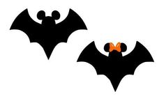 two bats with orange eyes and black wings, one has an orange bow around its neck