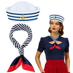 a woman wearing a sailor's outfit and hat with a scarf around her neck