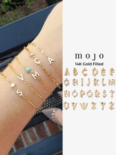 Welcome to Mojo- we offer luxe supplies from fashion to fine jewelry! Our 14K gold-filled small initial connectors are perfect for permanent jewelry and many designs. Shop our unfinished chains collection for your favorite pairings then attach these with jump rings.  ★PRODUCT DETAILS★ Quantity: 1 letter or set of all letters (26 pieces); note, chains are not included and sold separately  Material: 14K gold filled  Size: each letter varies and they are small; approx 6mm Name: Ashton capital lette Permanent Jewelry Supplies, Trendy Personalized 14k Gold Jewelry, Personalized Trendy 14k Gold Jewelry, Permanent Jewelry Stack, Gold Letter Jewelry For Anniversary, Gold Letter Shaped Anniversary Jewelry, Trendy Everyday Letter-shaped Jewelry, Gold Letter Bracelets For Personalized Gift, Personalized Gold Letter Bracelets