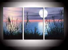 three paintings of grass and the ocean at night with a full moon in the background