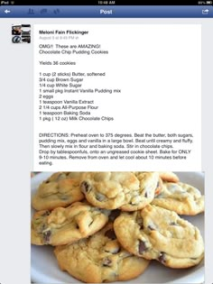 chocolate chip cookies are stacked on top of each other with information about the recipe below