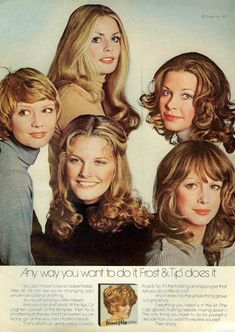 #vintage #retro #hair #ads #hairstyles #hairproducts 1970s Hairstyles Hippie, Tip Hair Color, Hair Color Women, Hair Salon Wall Art, Hair Salon Wall, Clairol Hair, Salon Wall Art