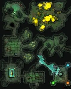 a map with several different shapes and colors on it, including the yellow light in the center