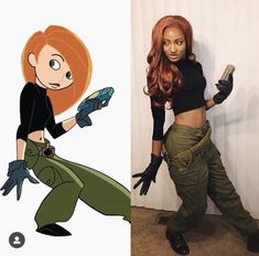 a woman with red hair and green pants standing next to an image of a cartoon character