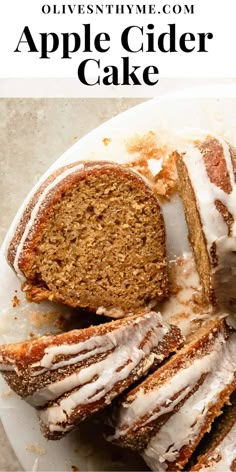 slices of apple cider cake on a plate with the title overlay above it