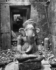 black and white photograph of an elephant statue