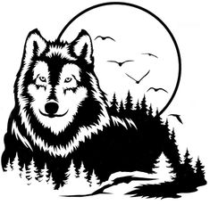 an image of a wolf in front of the moon with trees and birds on it