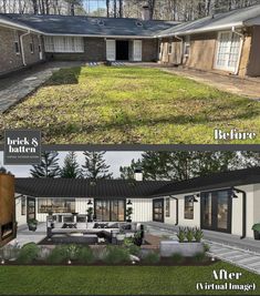 before and after photos of a backyard makeover with grass, brick and batten