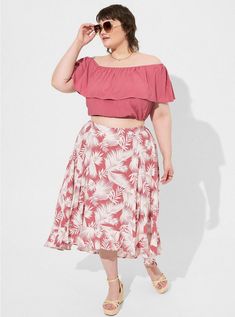 Midi Challis Off Shoulder Hi-Low Skirt SetMidi Challis Off Shoulder Hi-Low Skirt Set, SHADED PALMS Flatter Tummy, Hi Low Skirts, High Low Skirt, Cold Shoulder Blouse, Skirt Fits, Hem Skirt, Pretty Prints, Running Tops, At Last