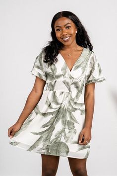 Green floral printed ruffle dress Dress For Vacation, Palm Print Dress, Vacation Dress