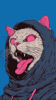 a drawing of a cat with its mouth open and tongue out, wearing a hoodie