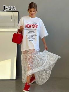 Jyate Jacquard Transparent Long Lace Skirt Women 2024 Summer New High Waist Sexy Casual Maxi Skirts Sheer White Skirt Outfit, Long White Lace Skirt Outfit, Lace Skirt Aesthetic, Red Lace Skirt Outfit, Long Lace Skirt Outfit, Lace Maxi Skirt Outfit, New York Fashion Summer, Lace Midi Skirt Outfit, Lace Skirt Outfit Ideas