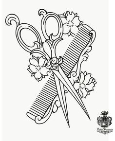 a pair of scissors and combs with flowers on them are drawn in black and white