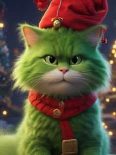 the grinch cat is wearing a red hat and green fur, while sitting in front of a christmas tree