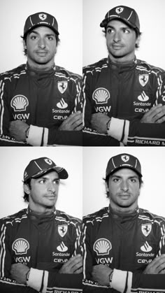 four pictures of a man in black and white wearing a hat with his arms crossed