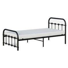 a metal bed frame with white sheets and black slatted headboard on an isolated white background