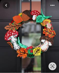 a beaded wreath is hanging on the front door with an owl and mushroom decoration