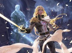 a woman with long blonde hair standing in front of an evil looking man holding two swords