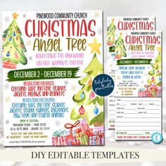 the christmas angel tree flyer is shown in two different colors and font, along with an additional