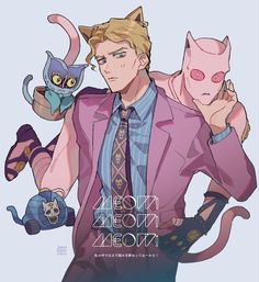 an image of a man with two cats on his shoulders and one cat in the other's lap