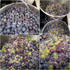 blueberries and grapes are being cooked in a saucepan with the other three pictures showing how to cook them