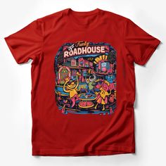 Funky Roadhouse Graphic Tee, Colorful Vintage Style T-Shirt, Retro Diner Fashion, Unisex Clothing, Casual Streetwear, Unique Design Top Male T-Shirt Custom graphic T-Shirt.Customize your color Red Crew Neck Tops Casual Style, Red Top With Funny Print, Red Fun Top With Funny Print, Fun Red Top With Screen Print, Fun Red Crew Neck Tops, Red Crew Neck Top With Funny Print, Red Funny Print Top, Fun Red Shirt With Cartoon Print, Fun Red Screen Print Top