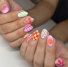 Fruity Nails Summer, Cute Funky Nails Summer, Groovy Spring Nails, Crazy Summer Nails, Groovy Gel Nails, Funky Mismatched Nails, Utah Nails, Summer Nails 2024 Fruit, Nail Ideas For Summer