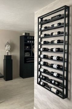 a wall mounted wine rack in a living room