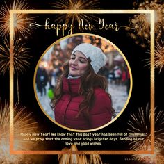 a woman wearing a red jacket and white hat with fireworks in the sky behind her