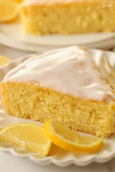 a slice of lemon cake on a white plate