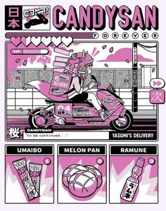 an advertisement for candysan, with pink and black graphics on it's side