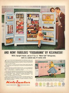 an old advertisement for refrigerators with two people looking in the fridge and one woman standing next to it