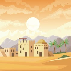 a desert scene with a building and palm trees