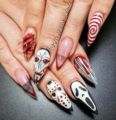 Freddy And Jason Nails, Freddy Kruger Nails Acrylic, Freddie Kruger Nails, Scream Acrylic Nails, Slasher Nails, Freddy Nails