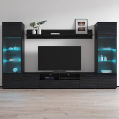 an entertainment center with blue lights on the bottom shelf and shelves below it, in a living room