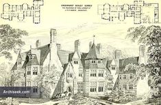 an old drawing of a large house with lots of windows