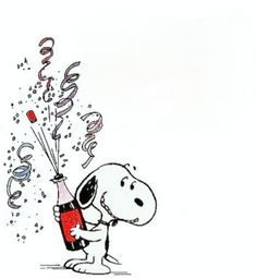 a cartoon dog holding a bottle with confetti coming out of it