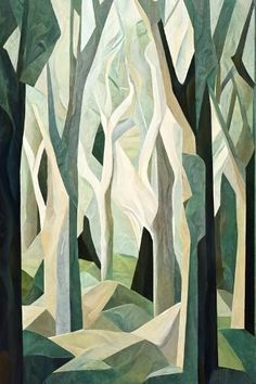 an abstract painting of trees in the woods