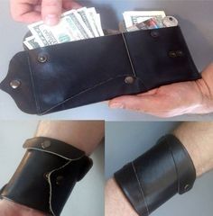 three images show different views of a wallet with money in it, and one shows the inside