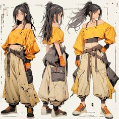 three different views of a woman in yellow top and tan pants with long black hair