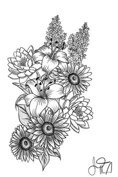 a black and white drawing of flowers