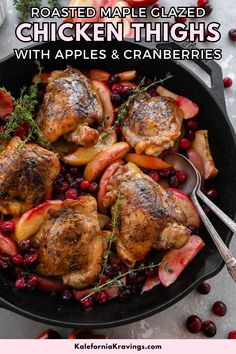 roasted maple glazed chicken thighs with apples and cranberries in a cast iron skillet