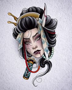 a drawing of a woman with black hair and tattoos on her face, wearing an elaborate headdress