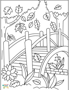 a coloring page with an image of a wooden bridge and flowers in the foreground