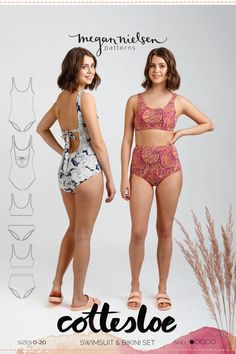 Classic one piece swimsuits and mix and match bikini sets. Pattern features athletic elements, four variations and includes detailed instructions to guide the sewer through swimsuit construction techniques. View A is a one piece swimsuit with low scoop back, shelf bra and ties at the back. View B is a one piece swimsuit with high scoop back. View C is a bikini top and a low rise bikini bottom. View D is an athletic inspired bikini top and high waisted bikini bottom with wide waistband. All versi Swimsuit Sewing Pattern, Swimsuit Pattern Sewing, Athletic Bikinis, Sewing Swimwear, Construction Techniques, Swimsuit Pattern, Reversible Dress, One Piece Suit, Shelf Bra