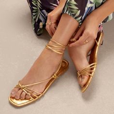 Aliz Lace-Up Flat Sandal - Justfab Gold Us 8 (Uk6)(Eu38.5) Gold Lace Up Sandals, Gold Flat Heel Lace-up Sandals For Party, Gold Strappy Lace-up Sandals For Vacation, Gold Strappy Sandals For Vacation, Gold Sandals Flat, Gold Sandals Outfit, Golden Sandals, Black And White Flats, Summer Lifestyle