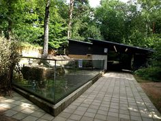 a glass walkway leading to a black house in the middle of some trees and bushes