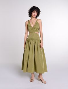 Cutaway taffeta dress | Maje US Party Vibe, Ceremony Dresses, Blazer Jeans, Taffeta Dress, Dress Yellow, Khaki Dress, Tweed Dress, New Arrival Dress, French Fashion